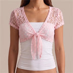 Pink lace shrug for wedding dress with short sleeves