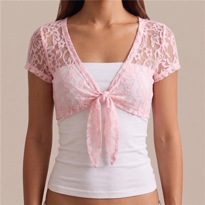 Pink lace shrug for wedding dress with short sleeves