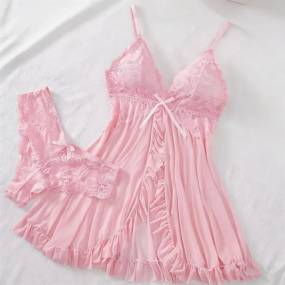 Pink lace sleepwear set, soft material, perfect for bedtime comfort