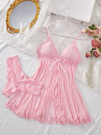 Pink lace sleepwear set with matching lingerie for romantic nights