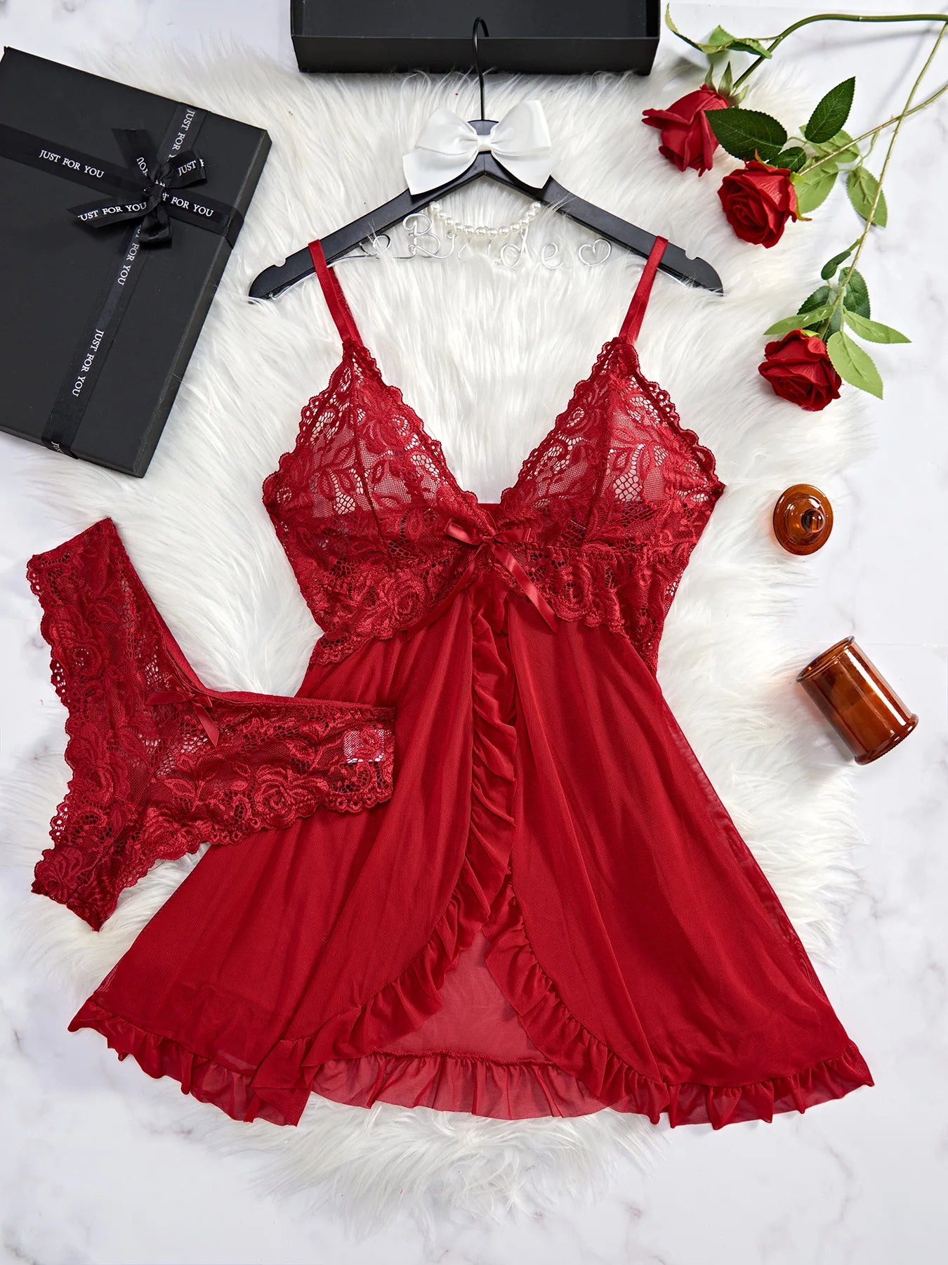 red lace sleepwear set, soft fabric, perfect for lounging