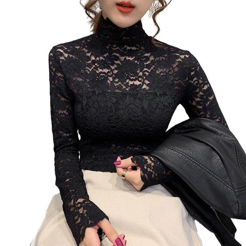 Elegant black lace tops for women with high neck and long sleeves, perfect for stylish outings
