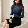 Navy blue lace top for women with high neckline and long sleeves for a stylish look