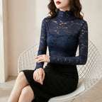 Navy blue lace top for women with high neckline and long sleeves for a stylish look