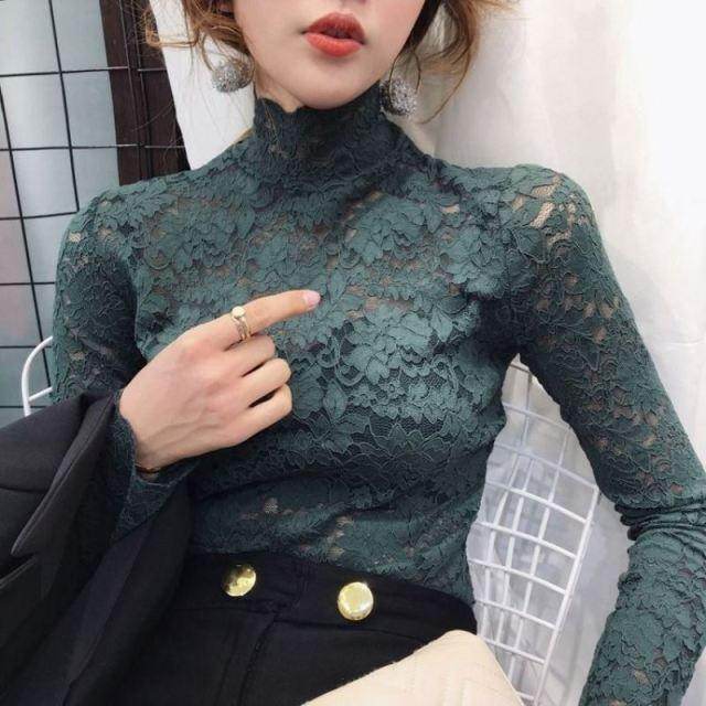 VacationGrabs Green Lace Top for Women with High Neck and Long Sleeves