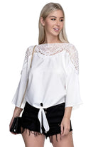 Women's Shirts Lace Trim Blouse With Tie