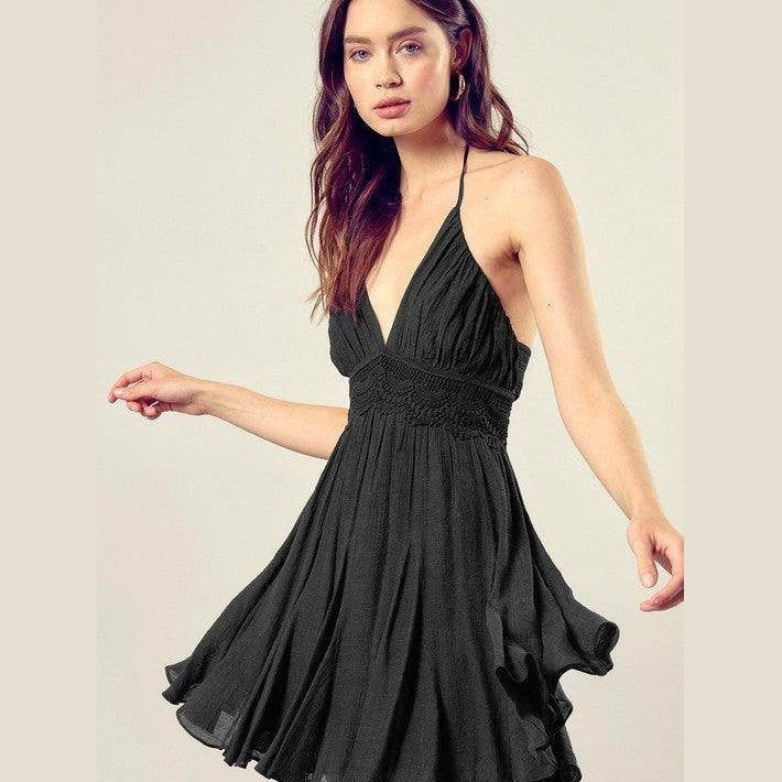 Lace Trim With Back Drawstring Dress - VacationGrabs