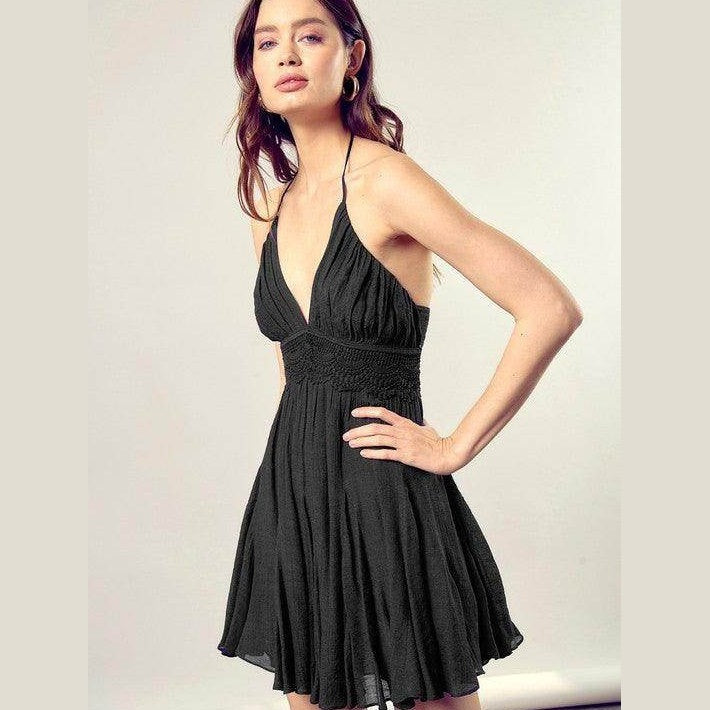 Lace Trim With Back Drawstring Dress - VacationGrabs