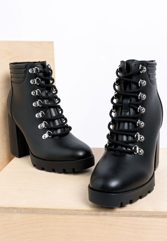 Rag Company lace up block heel boots for women in black with a sturdy heel and stylish design
