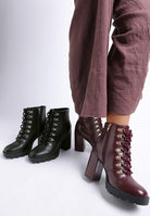 Stylish lace up block heel boots for women in black and burgundy with chunky heels
