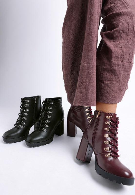 Stylish lace up block heel boots for women in black and burgundy with chunky heels