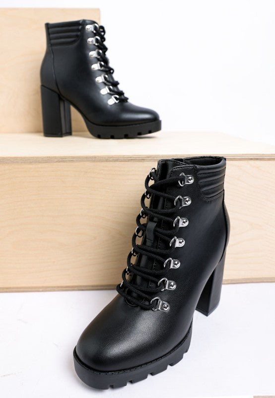 Rag Company lace up block heel boots for women in black with stylish lace detailing and chunky heels