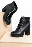 Rag Company lace up block heel boots for women in black with stylish lacing and chunky heels