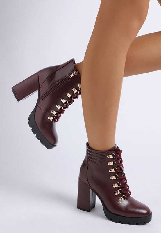 Rag Company lace up block heel boots for women in burgundy with side zipper and chunky sole