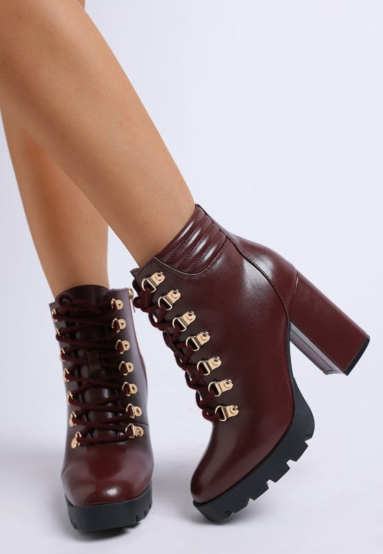 Rag Company lace up block heel boots for women in burgundy with stylish gold eyelets