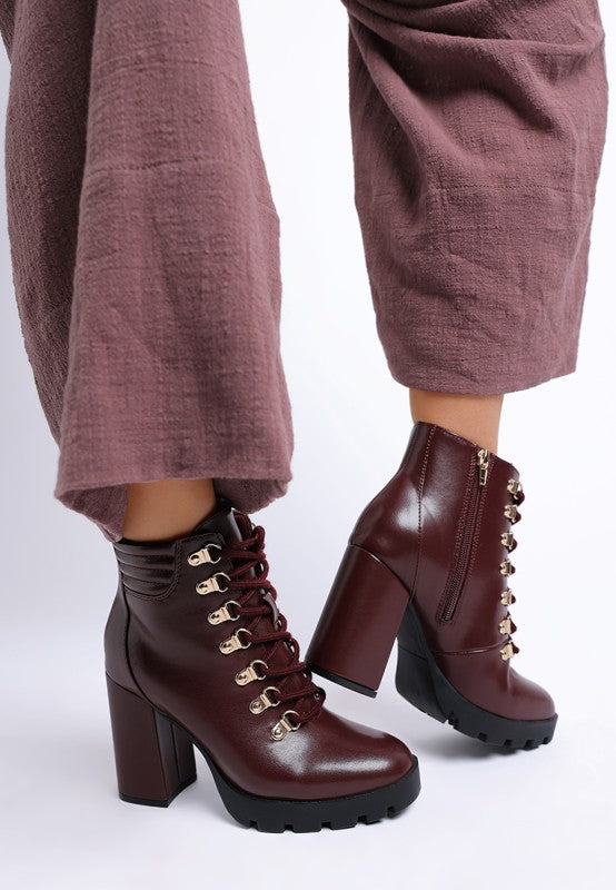 Burgundy lace up block heel boots for women with stylish zip and robust sole