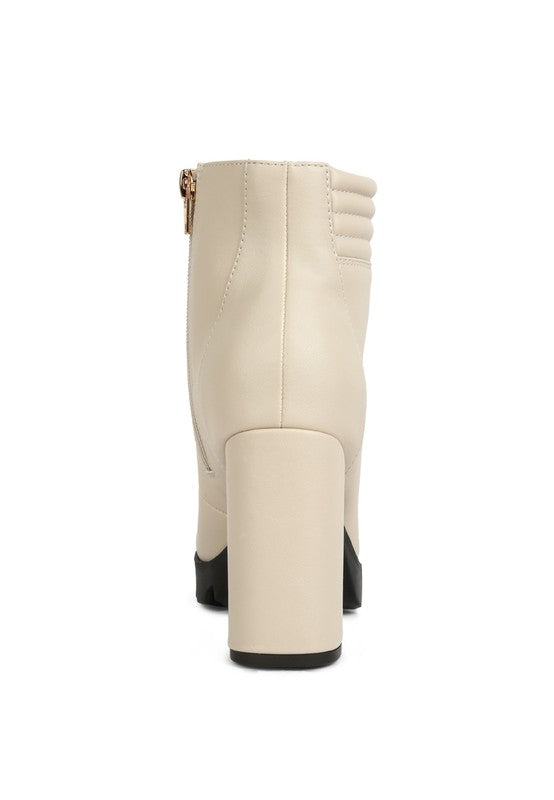 Beige Rag Company lace up block heel boots for women with a stylish zipper detail at the back