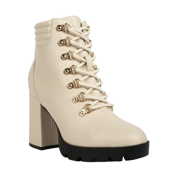 Rag Company lace up block heel boots for women in beige with stylish gold hardware