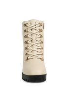 Rag Company lace up block heel boots for women in beige with gold eyelets and a sturdy black sole