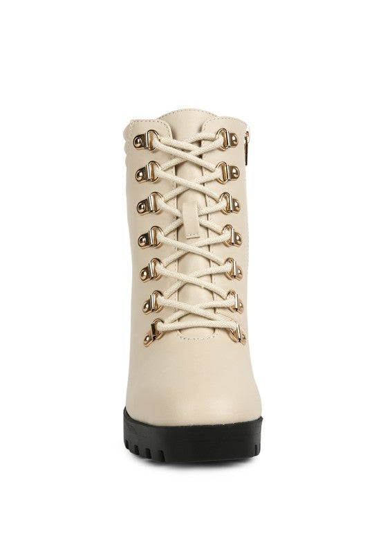 Rag Company lace up block heel boots for women in beige with gold eyelets and a sturdy black sole
