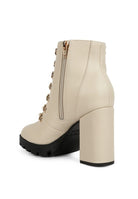 Rag Company lace up block heel boots for women in beige with a zip closure and sturdy sole
