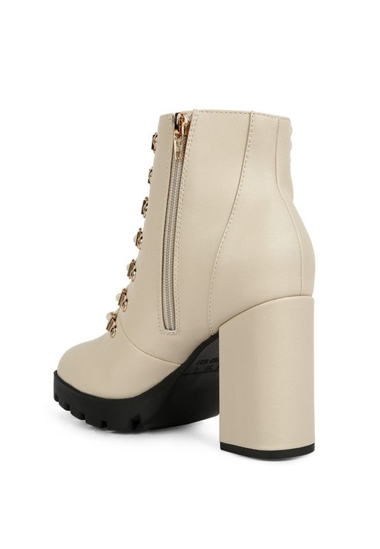Rag Company lace up block heel boots for women in beige with a zip closure and sturdy sole