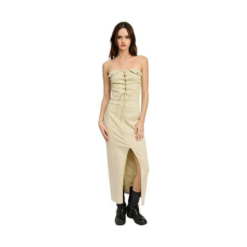 Lace Up Corset Dress With Front Slit - VacationGrabs