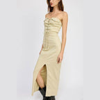 Lace Up Corset Dress With Front Slit - VacationGrabs