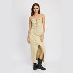 Lace Up Corset Dress With Front Slit - VacationGrabs
