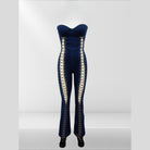 Lace up denim jumpsuit for women featuring a strapless design and flared legs