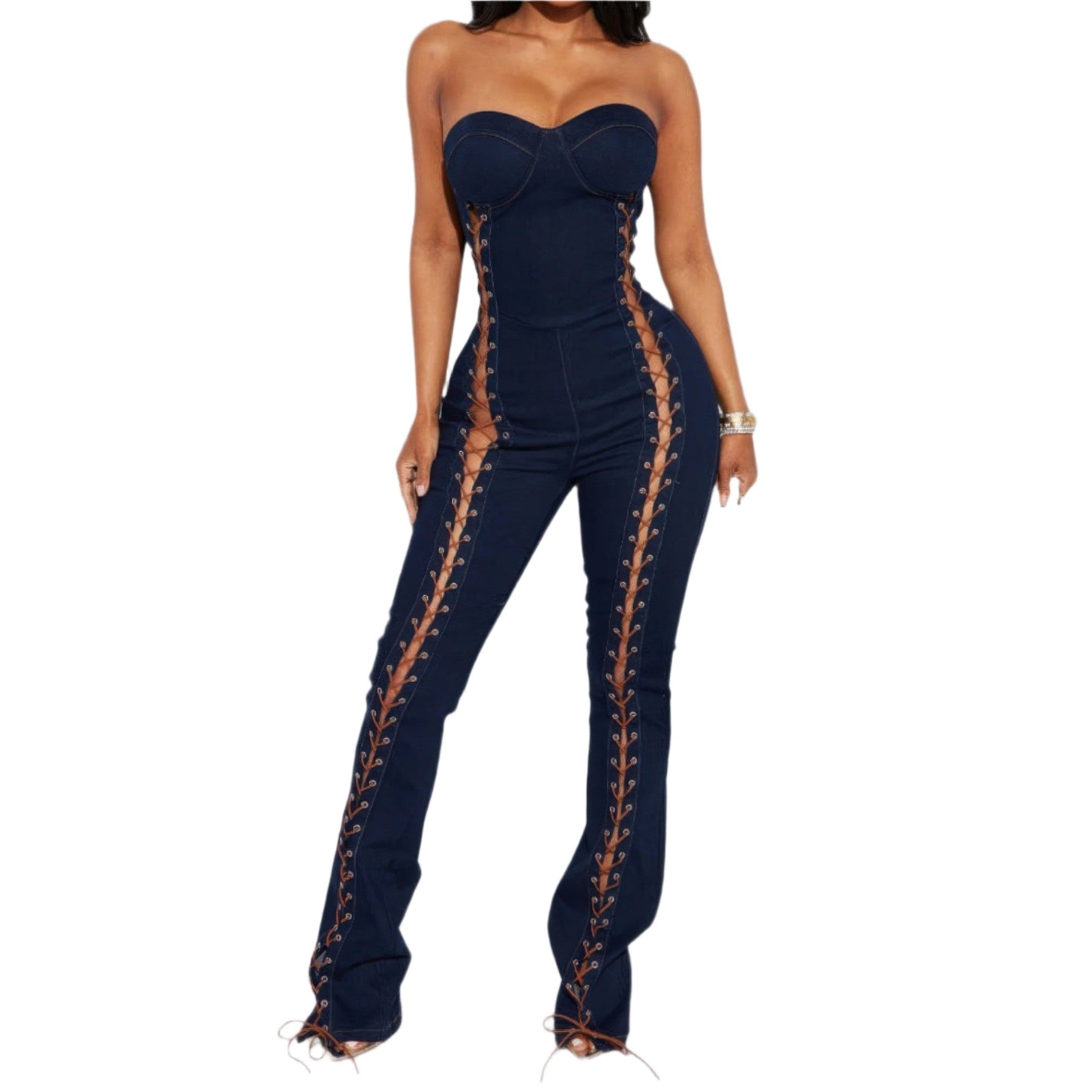 Stylish lace up denim jumpsuit for women featuring a strapless design and intricate side detailing