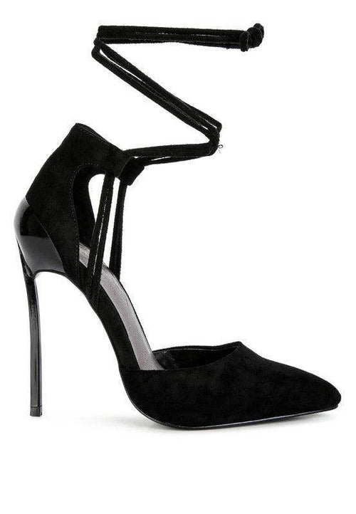 Women's black lace-up heels, suede upper, perfect for evening wear