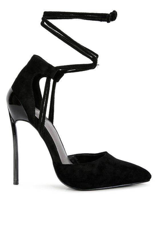 Women's black lace-up heels, suede upper, perfect for evening wear