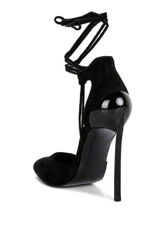 Women's black lace-up heels in soft suede, perfect for formal events