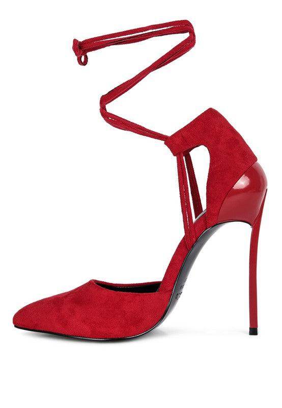 Women's red lace-up heels made of suede, perfect for evening events