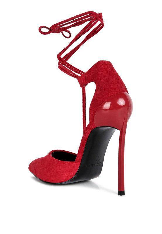 Women's red lace-up heels with a sleek stiletto design