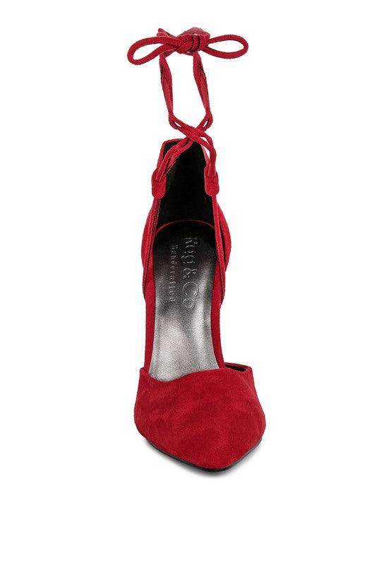 Red suede lace-up heels for elegant evening occasions