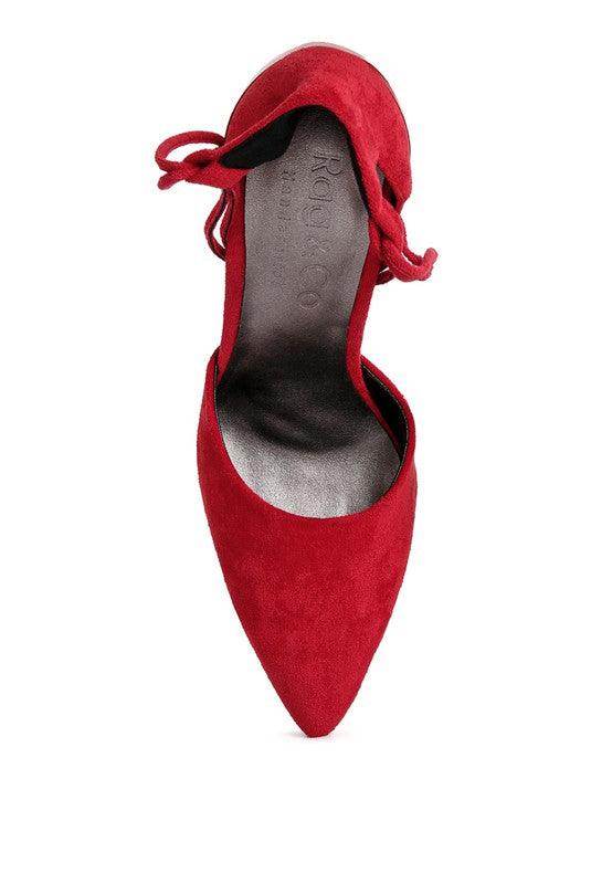 Women's red suede lace-up heels, perfect for stylish occasions