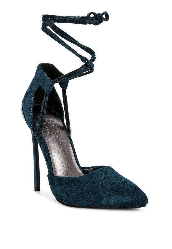 Women's teal lace-up heels, suede material for elegant styling