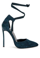 Women's lace-up heels in teal suede for elegant evening wear