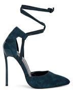 Women's lace-up heels in teal suede for elegant evening wear