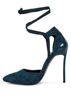 Women’s teal lace-up heels with suede material for elegant occasions