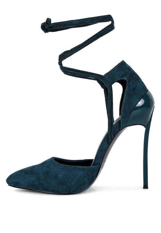 Women’s teal lace-up heels with suede material for elegant occasions