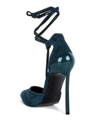 Women's lace-up heels in teal, stylish for evening events