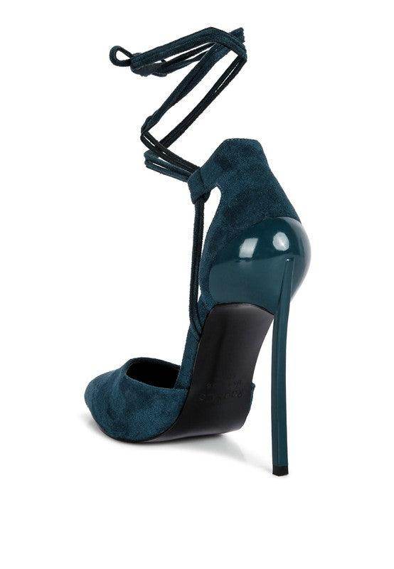 Women's lace-up heels in teal, stylish for evening events