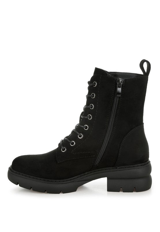 Rag Company lace up high ankle boots in black suede with side zipper and sturdy sole