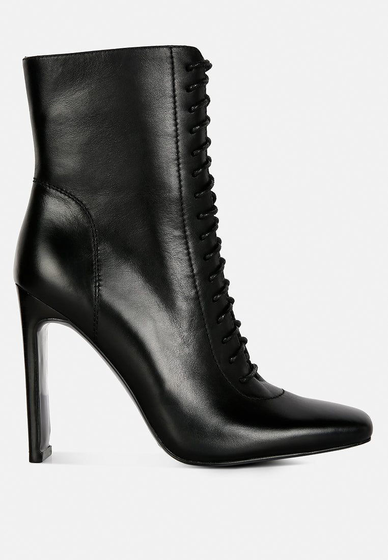 Stylish lace up leather ankle boots in black with a chic high heel design