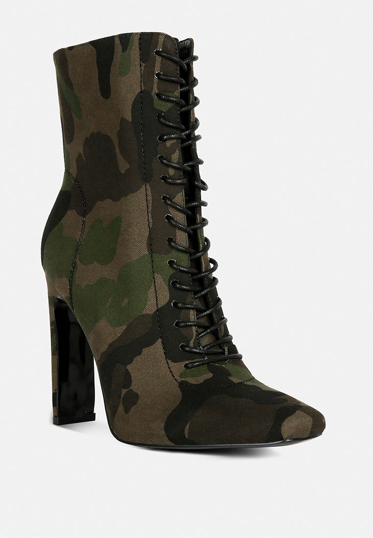 London Rag International lace up leather ankle boots in camouflage print with high heels