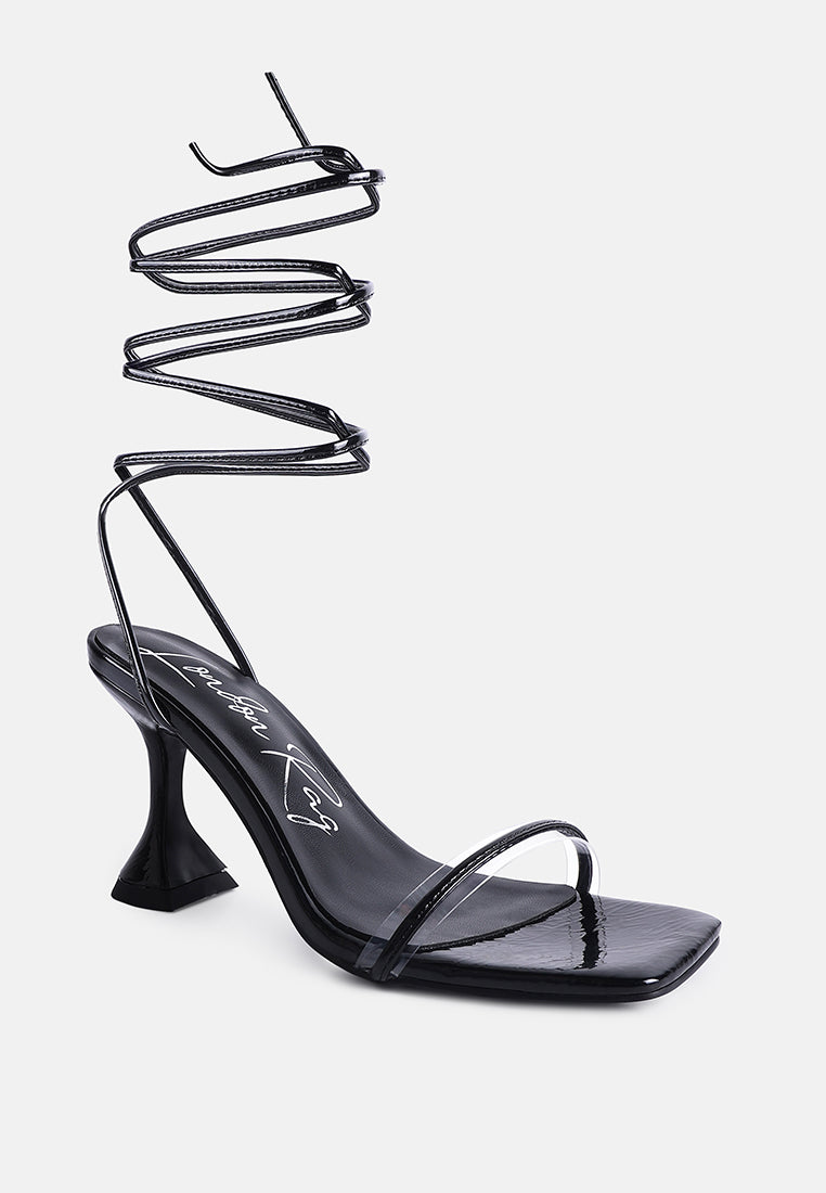 London Rag International lace up spool heel sandals in black with a unique twisted strap design