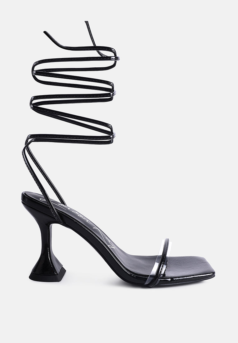 London Rag International lace up spool heel sandals in black with stylish spiral straps for a chic look